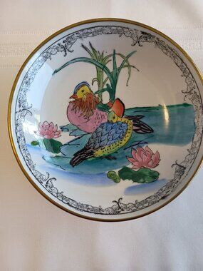 Vintage Chinese Enamel Decorative, Brass Encased Bowl with Birds and Flowers